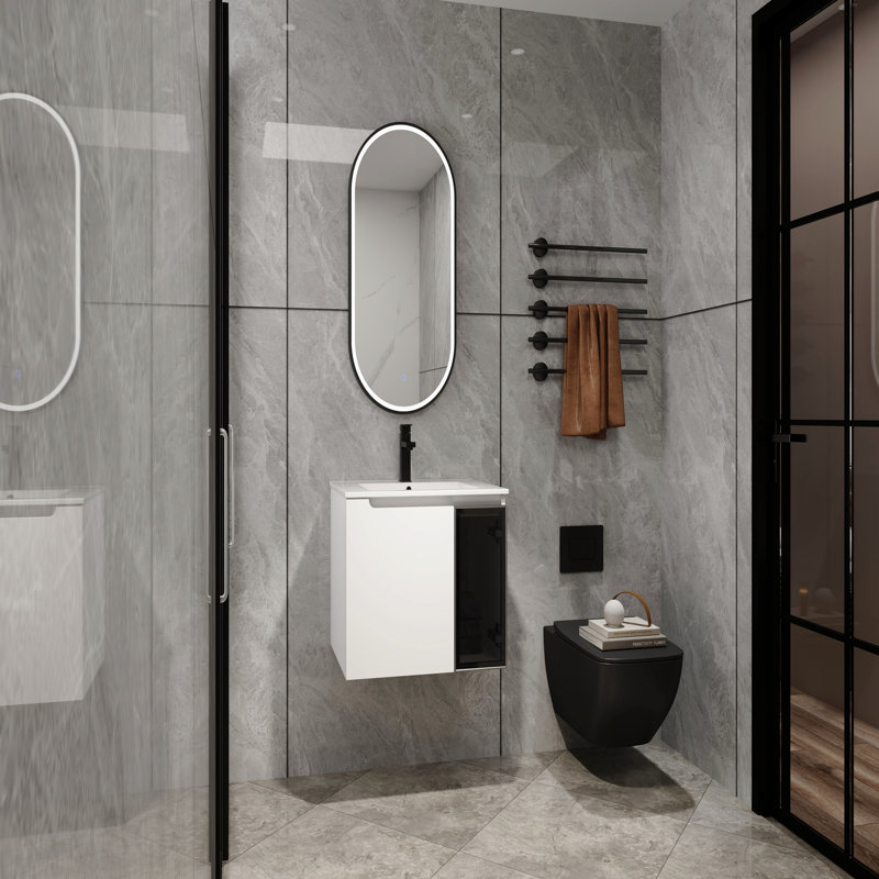 Meuble-lavabo mural 24 po avec lavabo en céramique, 2 portes à fermeture en douceur, meuble-lavabo blanc brillant et 1/2 porte en verre gris, contreplaqué (Kd-Packing)
