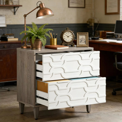 2 classeurs avec une finition blanche et grise élégante, amplement d'espace pour les fournitures de bureau d'étude, fabriqués en panneau de particules de qualité E0, supportant jusqu'à 350 lb, pieds réglables en bois massif, tiroirs coulissants lisses,