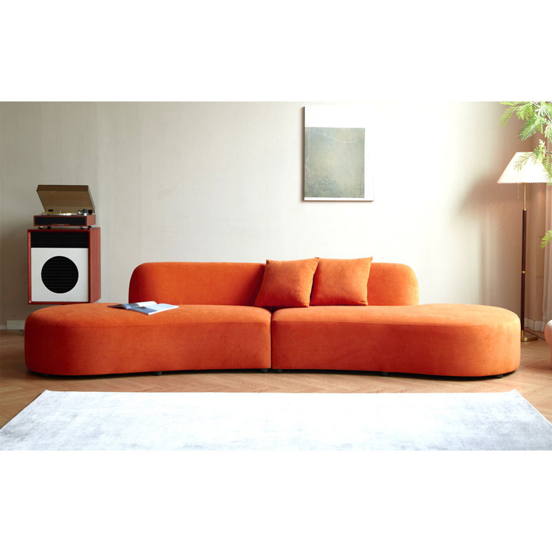 132" Curved Sofa With Throw Pillows, Orange Velvet