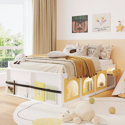 Full Size Wooden Platform Bed with Bookshelf, Display Cabinet, LED Light and Drawer, White+Natural
