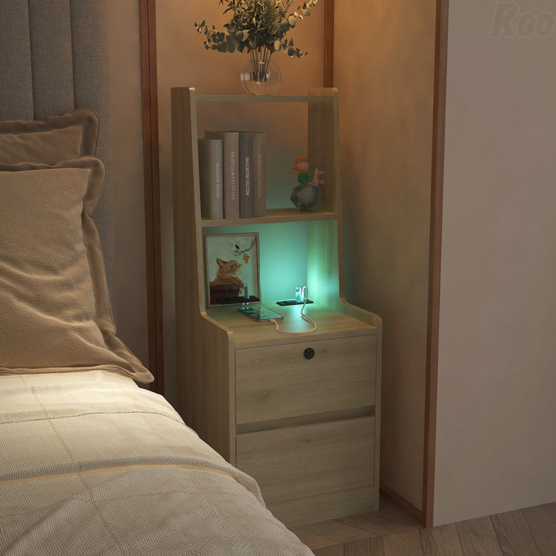 Table de chevet en bois avec station de charge, veilleuse et armoire de rangement pour bibliothèque, Individuel