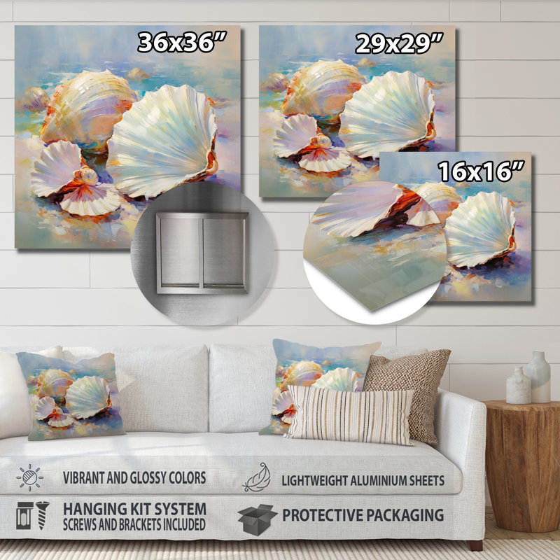 Décoration murale en métal blanc impressionniste, coquillages I, H 16 po x l 16 po x P 1 po