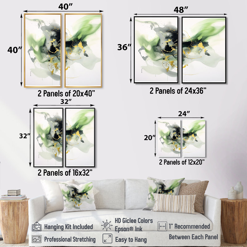 «Green and Black Splash», art mural abstrait à 2 panneaux, H 32 po x l 32 po, Toile tendue, Ne s’applique pas
