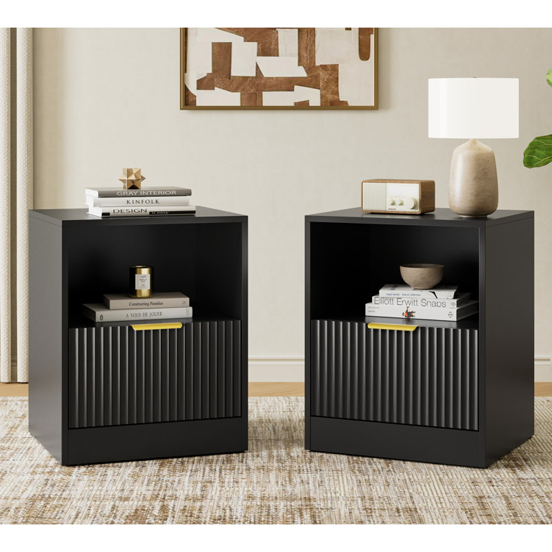 Fluted Nightstand With Drawer, Bedside Table With Open Shelf, Black, 1