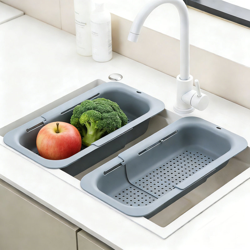 Over the Sink Extendable Colander Strainer Basket - Wash Vegetables and Fruits, Drain Cooked Pasta and Dry Dishes(Gray Blue,2 Pcs)