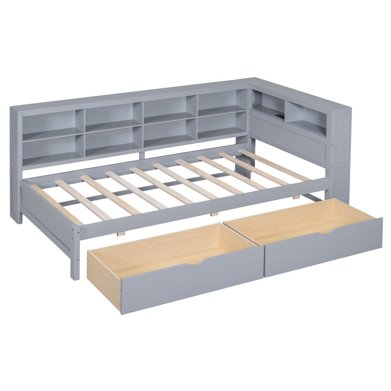 Lit de jour en bois avec 2 tiroirs et rangement - Conception pratique de la chambre à coucher, Gris, Lit simple