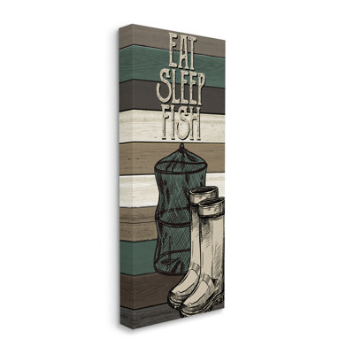 «Eat Sleep Fish», pêche, bottes et filet surdimensionnés, art numérique sur estampe numérique par Kim Allen
