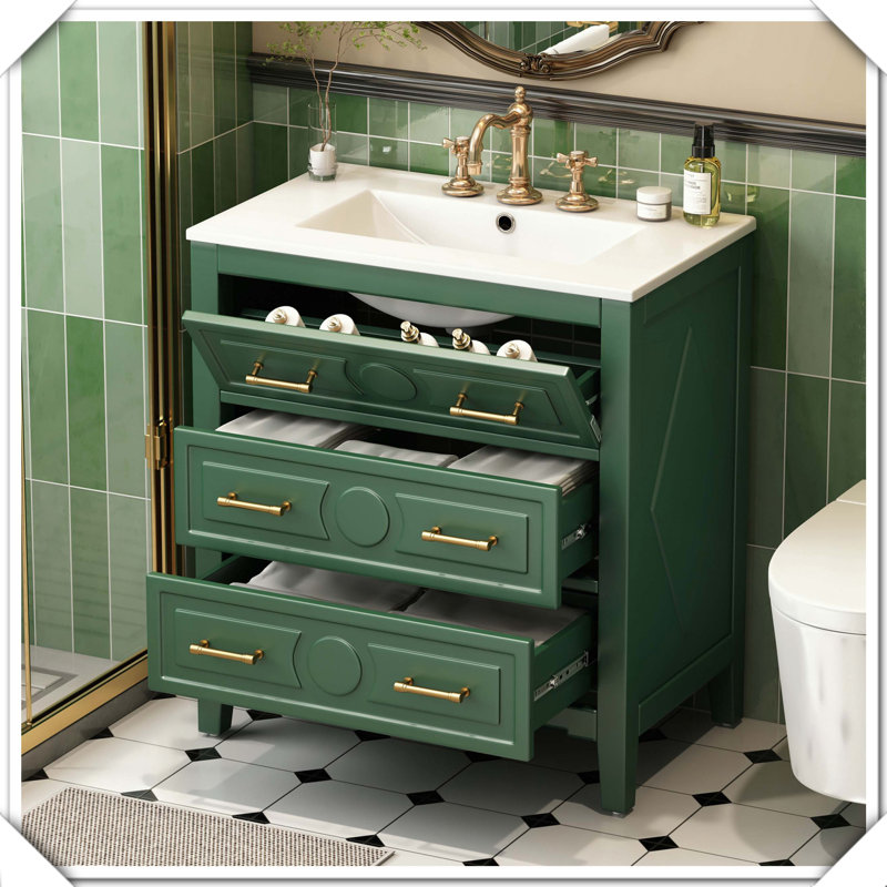 Meuble-lavabo simple autoportant en bois massif avec tiroirs en céramique, Vert