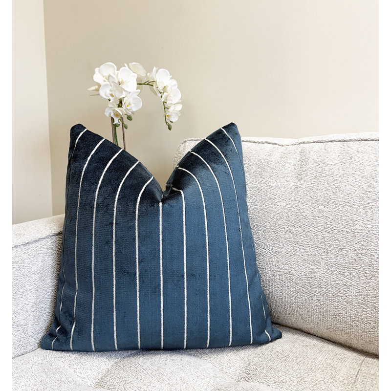 Housse de coussin en velours rayé, Bleu, Carré 22 po
