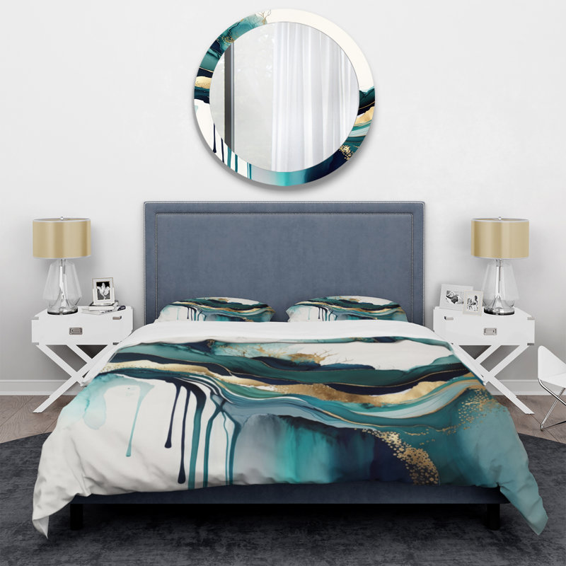 Teal and Gold Abstract Expression IV - Ensemble de housse de couette à encre liquide abstraite - Polyester microfibre