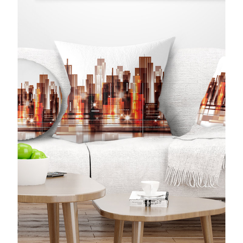 Brown City Skyline - Coussin imprimé paysage urbain, 18 po x 18 po, Coussin décoratif