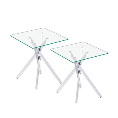 Cheralyn 17.72" Square Glass End Table Set with Cross Metal Legs, Modern Side Table for Living Room, 2 Piece