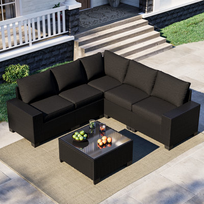 6 Pieces Outdoor Patio Furniture Set, With Cushions And Glass Coffee Table, Pe Rattan Outdoor Wicker Sectional Furniture Sofa Set