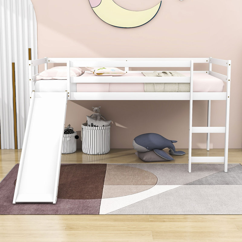 Twin Wood Loft Bed With Slide & Ladder, White, Full