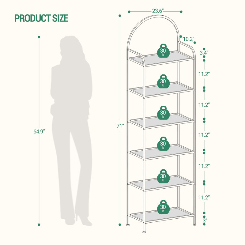 Bookcase Bookshelf, Tempered Glass Bookshelves, Slim Shelving Unit for Bedroom, Bathroom, Home Office, Steel Frame, 6 Tier Gold