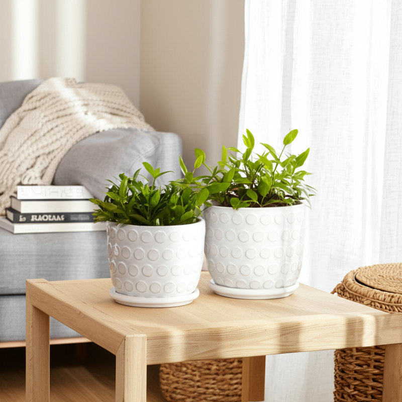 Textured Indoor or Outdoor Planter with Saucer for Patio or Living Room Styling - Modern Indoor Planter Flower Pot Accent for Home Decor - Set of 2, Beige