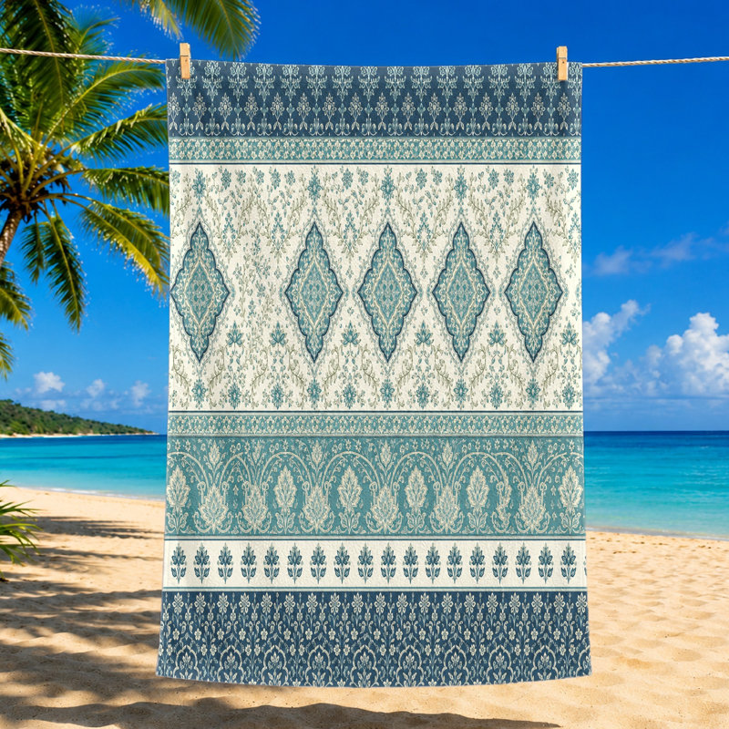 1 pièce de serviette de plage damassée Boho, avec des motifs complexes dans des tons bleus et beiges. Grande microfibre super absorbante, parfaite pour les voyages, les spas, les unisexes.