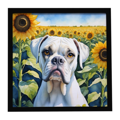 Boxer in Sunflowers Framed Metal Print
