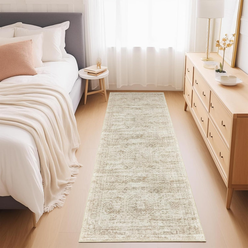 Vintage Distressed Non Slip Washable Area Rug(Beige), Runner 2' x 8'