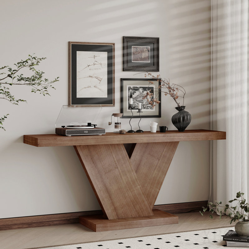 66" L Modern X-Leg Console Table With Solid Wood Veneer, Sturdy Entryway Hallway Table For Small Space, Mid-Century Narrow Sofa Table With Geometric Design & Wide Top, Walnut