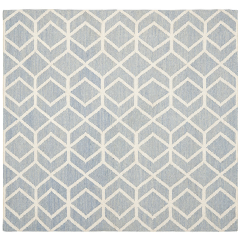 Rodgers Hand Woven Flat Weave Wool/Cotton Geometric Rug in Blue/Ivory, Square 8'