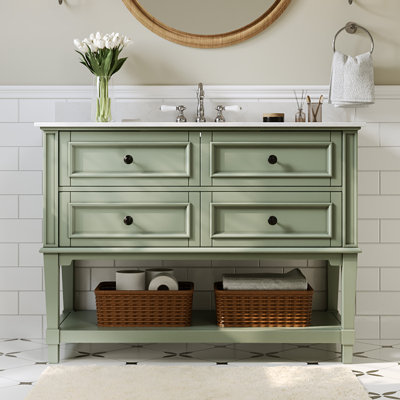 48" Fully Assembled Single Bathroom Vanity with Engineered Marble Top, Green