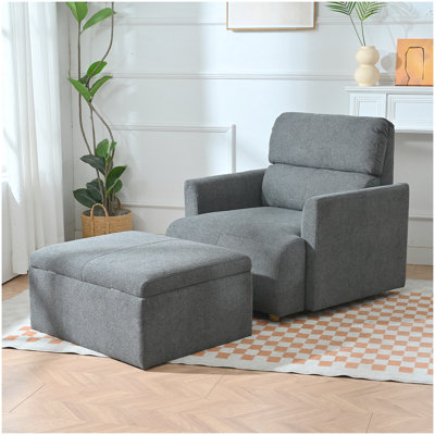 Chaise surdimensionnée avec repose-pieds avec rangement, fauteuil avec accents larges pour le salon, méridienne moderne, fauteuil de lecture rembourré de style Mid-Century, fauteuil de salon confortable, canapé à assise profonde (gris beige)