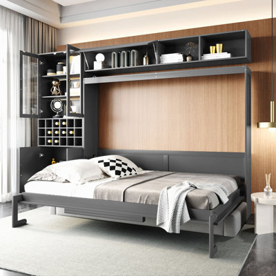 Grand lit escamotable mural avec canapé, tablettes USB et luminaire