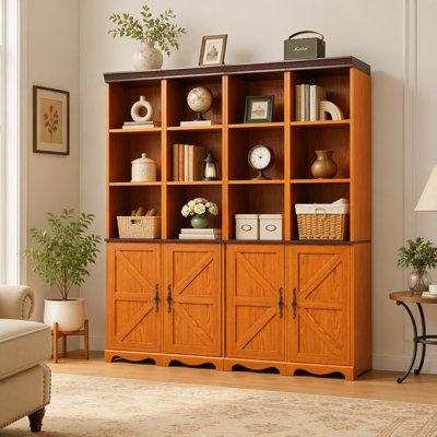 Armoire de rangement combinée 4-en-1, bibliothèque en panneau de fibres à densité moyenne à grain de bois 3D, casiers de présentation ouverts et armoires fermées avec tablette réglable, bibliothèque à combinaison libre pour le bureau d'étude de salon