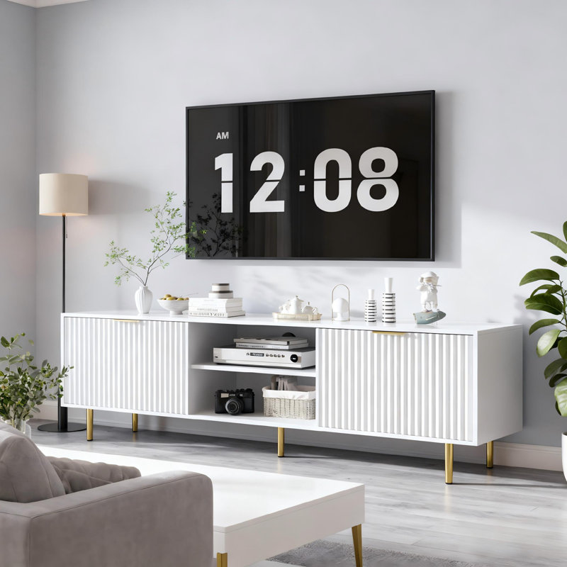 Meuble télé moderne avec armoires de rangement et gestion des câbles, pour téléviseurs de 75 po ou moins, pour le salon