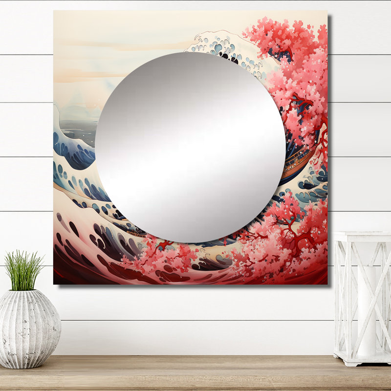 Masterpiece Pink The Great Wave Of Kanagawa II - Nautical & Beach Square Mirror For Wall Art Decor, 23" x 23"