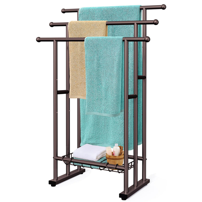 Porte-serviettes sur pied de 40 po de hauteur pour salle de bain, porte-serviettes à 3 niveaux avec panier de rangement, échelle de séchage et support pour serviettes de bain surdimensionnées, à côté de la baignoire ou de la douche (bronze)