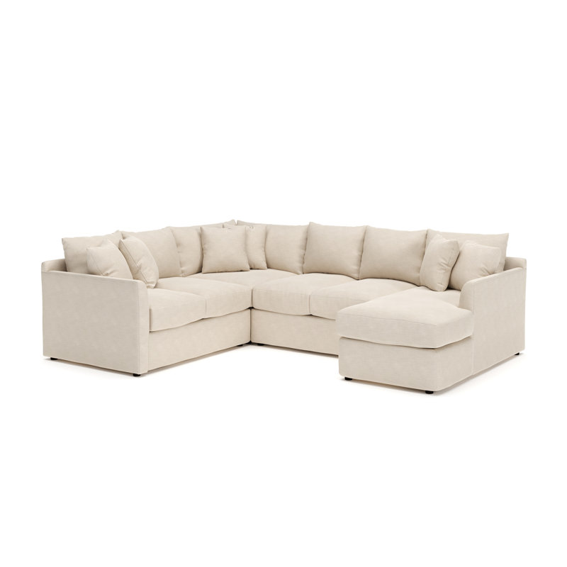 Cecelia 119" W Sinuous Springs 6-Person 3-Piece U-Shaped Sectional, Conversation Ivory Basketweave, Right Hand Facing