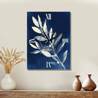 Olive Branch in Prussian Blue I - Botanical Silent Metal Wall Clock