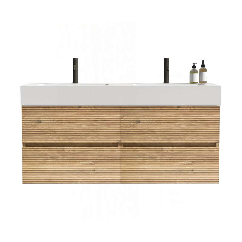 Grace 48'' Bathroom Vanity With Oak Engineered Quartz Sink And Soft Black Drawers, Wall Mounted Floating Bathroom Vanity For Modern Bathroom, Without Drainage And Faucet, KD