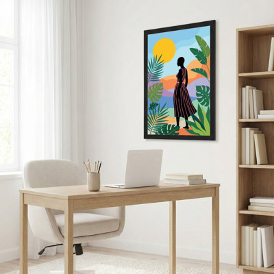 Ensemble de 1 tableau sur toile représentant une silhouette de femme au coucher du soleil tropical