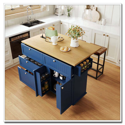 Farmhouse Kitchen Island on Wheels with Drop Leaf and 2 Seatings, Kitchen Cart Set with Storage Cabinet, Drawers, Door Shelves and Power Outlet