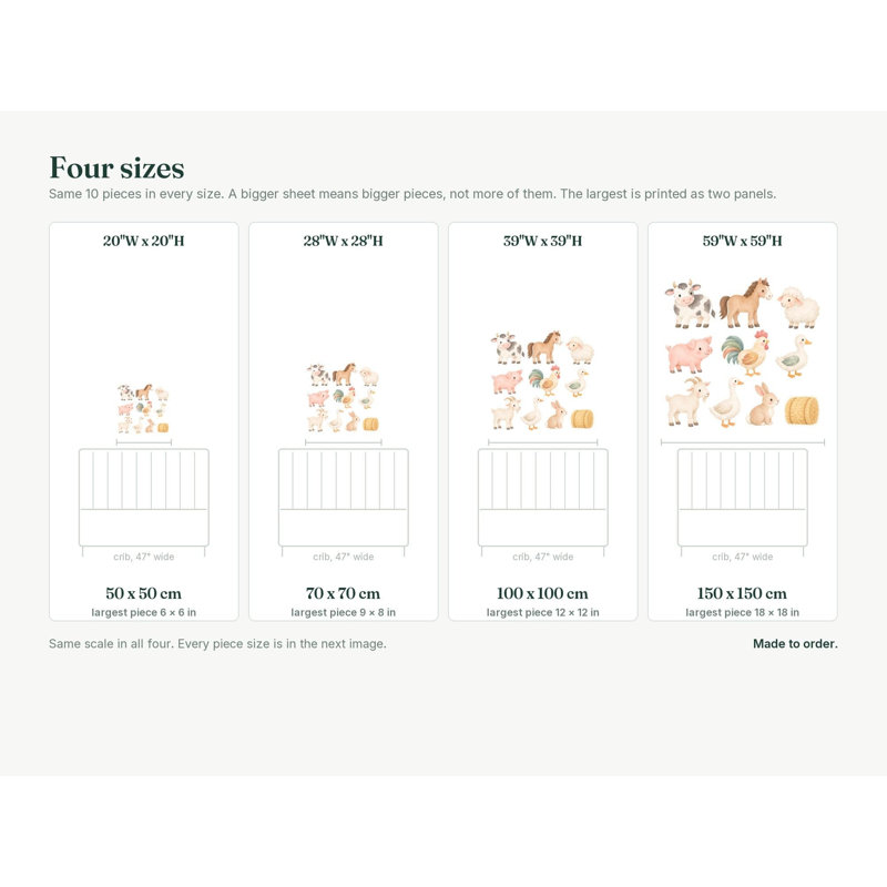 Farm Animal Wall Decals, Set of 10 Peel and Stick Nursery Wall Stickers, Satin Finish Removable Kids Room Wall Art, 20"W x 20"H (50 x 50 cm)