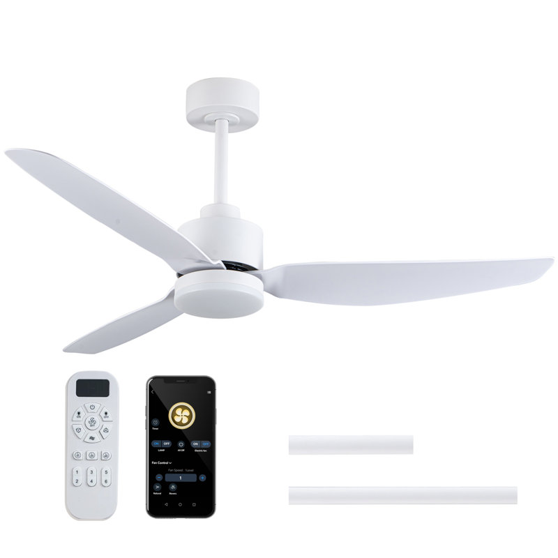 52" 3-Blade Indoor LED Ceiling Fan with Remote and Light Kit Included, White, White