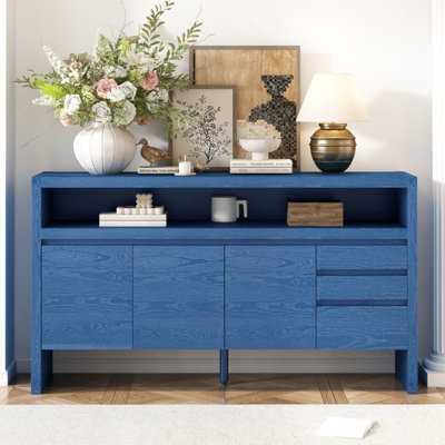 U_Style 60" 3-Door Sideboard With 3 Drawers - Modern Solid Ash Veneer MDF Sideboard, Semi-Open Shelf & Centre Semi-Circular Cutout In Back Panel, Large Storage Cabinet For Living Room, Hallway, Dining