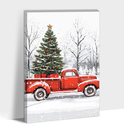 Grand Abiella - camion rouge avec arbre de Noël et cadeaux, impressions sur toile de scène hivernale, affiche de photo rétro pour décoration intérieure prête à être suspendue, 32 po x 48 po