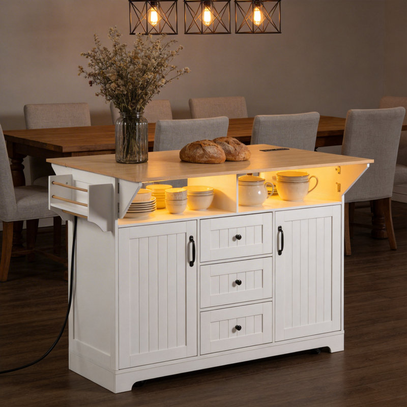 Îlot de cuisine 55,7 po blanc avec prise de courant et double abattant, chariot de cuisine roulant avec 3 tiroirs et support à épices, grande table pliante avec rangement pour la cuisine, la salle à manger