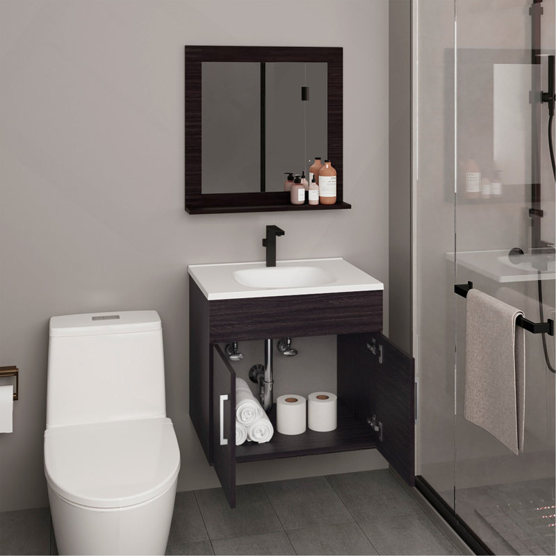 Armoire de salle de bain avec miroir et deux tablettes intérieures, rangement mural noir, Black