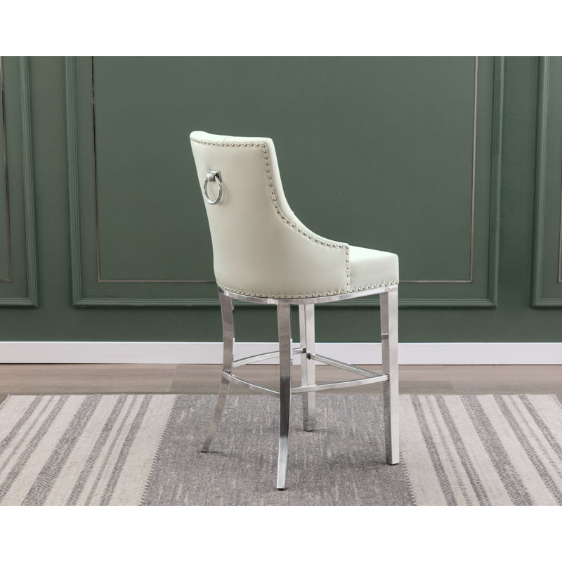 Kairin Upholstered Counter Stool, Barstool (45" Seat Height), Cream Velvet / Silver
