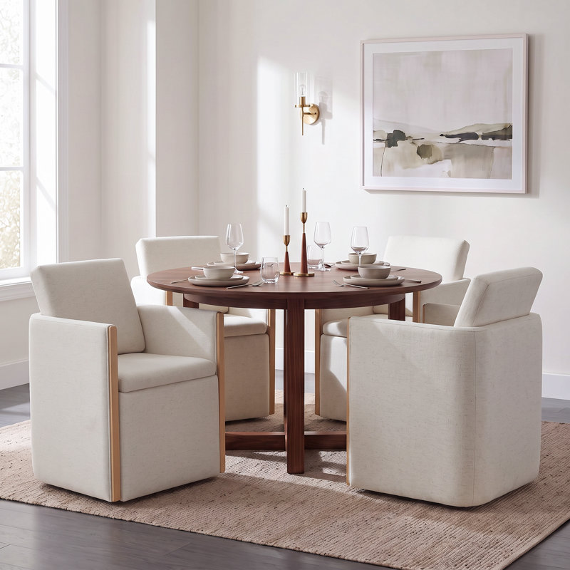 Upholstered Rolling Dining Chair with Under-Seat Storage, Cream White