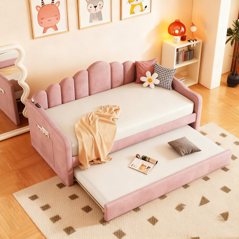 Upholstered Daybed with Trundle ,Velvet Sofabed with USB Charging Ports