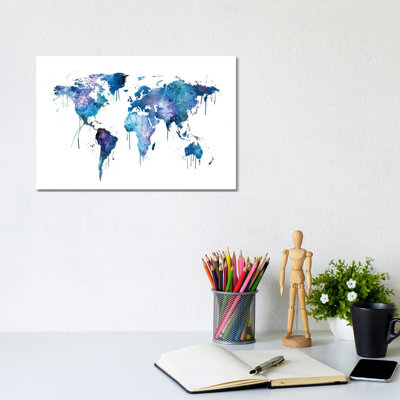 Watercolour Map Of The World Map, Blues & Purples by Michael Tompsett - Wrapped Canvas Print