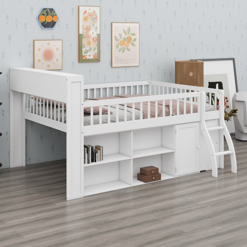 Lit mezzanine surélevé avec tablettes de rangement intégrées et tête de lit décorative à DEL, Blanc