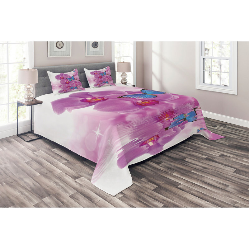 Butterflies Polyester Floral Coverlet, Queen Bedspread + 2 Shams
