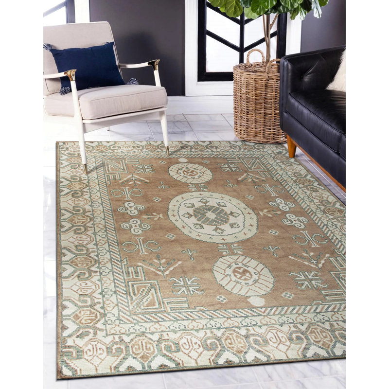 Tapis brun en laine noué à la main, Rectangulaire 8 pi x 10 pi